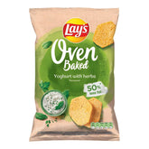 A 110g bag of Lays Oven Baked Yoghurt with Herbs Crisps, featuring a bowl of dip and seasoned herbs on the pack, highlights 50% less fat.